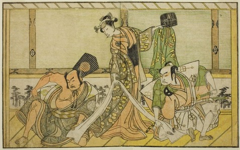 Katsukawa Shunsho: The Actors Otani Hiroji III as Kawazu no Saburo (right), Segawa Kikunojo II as Princess Tatsu (Tatsu Hime) (center), and Nakamura Sukegoro II as Matano no Goro (left), in the Play Myoto-giku Izu no Kisewata, Performed at the Ichimura Theater in the Eleventh Month, 1770 - Art Institute of Chicago