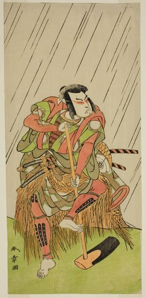 勝川春章: The Actor Onoe Matsusuke I as Nakaomi Katsumi Disguised as the Farmer Datta no Nizo, in the Play Shitenno-ji Nobori Kuyo, Performed at the Ichimura Theater in the Eighth Month, 1773 - シカゴ美術館