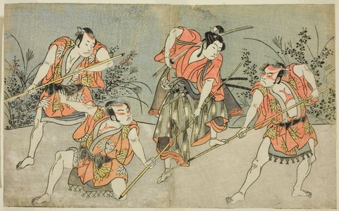 勝川春章: The Actors Nakamura Kashiwagi as a Wakashu (second from right), and Three Unidentified Actors as Yakko - シカゴ美術館