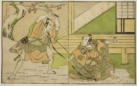 勝川春章: The Actors Arashi Sangoro II as Hojo Tokiyori (right), and Otani Hiroji III as Koga Saburo (left), in the Play Kono Hana Yotsugi no Hachi no Ki, Performed at the Ichimura Theater in the Eleventh Month, 1771 - シカゴ美術館