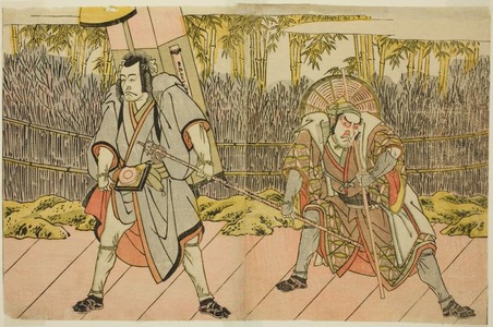 勝川春章: The Actors Ichikawa Danzo IV as Arakawa Taro Takesada Disguised as the Palanquin Bearer Tarobei (right), and Ichikawa Danjuro V as Abe no Sadato Disguised as the Pilgrim Kuriyagawa Jirodayu (left), in the Play Godai Genji Mitsugi no Furisode, Performed at the Nakamura Theater in the Eleventh Month, 1782 - シカゴ美術館