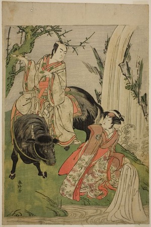 勝川春好: The Actors Segawa Kikunojo III as Princess Hatsune (Hatsune Hime) (right), and Ichikawa Monnosuke II as Miyukinosuke Yukinari, in the Play Otokoyama Furisode Genji, Performed at the Kiri Theater in the Eleventh Month, 1785 - シカゴ美術館