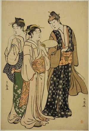 勝川春英: The Actor Iwai Hanshiro IV in Street Attire (by Shun'ei) Conversing with Two Women (by Shuncho) - シカゴ美術館