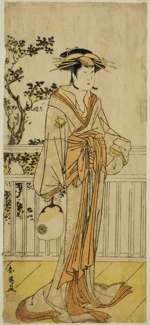 Katsukawa Shun'ei: The Actor Iwai Hanshiro IV as Okumi of the Mieido Fan Shop (?) in the Play Sanjuk-koku Yobune no Hajimari (?), Performed at the Ichimura Theater (?) in the Fifth Month, 1789 (?) - Art Institute of Chicago