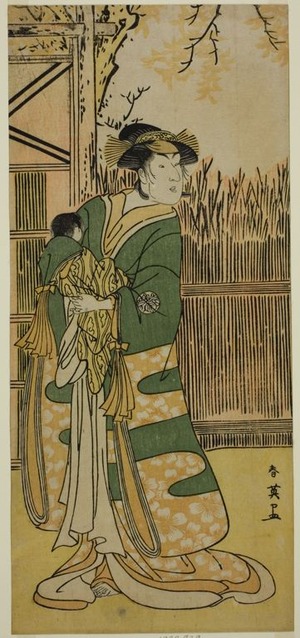 Katsukawa Shun'ei: The Actor Nakayama Tomisaburo I as Lady Tokiwa (Tokiwa Gozen) (?) in the Play Kimmenuki Genke no Kakutsuba (?), Performed at the Ichimura Theater (?) in the Eleventh Month, 1791 (?) - Art Institute of Chicago