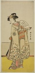 勝川春章: The Actor Nakamura Noshio I as Oiso no Tora (?) in the Play Shida Yuzuriha Horai Soga (?), Performed at the Morita Theater (?) in the First Month, 1775 (?) - シカゴ美術館