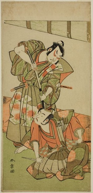 勝川春章: The Actors Ichikawa Yaozo II as Konoshita Hyokichi (?) (right), and Sakata Hangoro II as Matsunaga Daizen Hisahide (?) (left), in the Play Gion Sairei Shinko Ki (?), Perfomred at the Ichimura Theater (?) in the Fifth Month, 1775 (?) - シカゴ美術館
