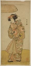 勝川春章: The Actor Ikushima Daikichi III as the Courtesan Naniwazu in the Play Saki Masuya Ume no Kachidoki, Performed at the Ichimura Theater in the Eleventh Month, 1777 - シカゴ美術館
