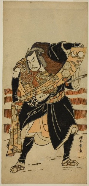 勝川春章: The Actor Nakamura Nakazo I as Abe no Sadato (?) in the Play Date Nishiki Tsui no Yumitori (?), Performed at the Morita Theater (?) in the Eleventh Month, 1778 (?) - シカゴ美術館