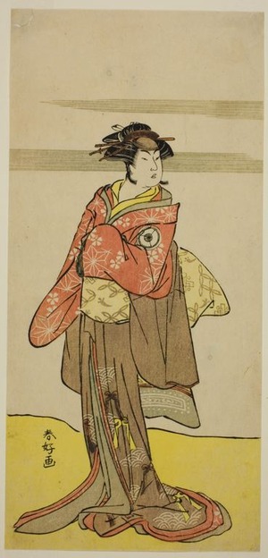 勝川春好: The Actor Iwai Hanshiro IV as Hitomaru Disguised as the Geisha Oshun in the Play Edo no Hana Mimasu Soga, Performed at the Nakamura Theater in the Third Month, 1783 - シカゴ美術館