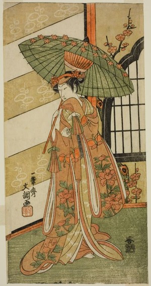 Ippitsusai Buncho: The Actor Onoe Tamizo I as Nishikigi in the Play Mutsu no Hana Ume no Kaomise, Performed at the Ichimura Theater in the Eleventh Month, 1769 - Art Institute of Chicago