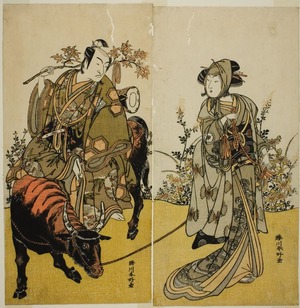 勝川春好: The Actors Iwai Hanshiro IV as Okume (right), and Ichikawa Monnosuke II as Koshiba Yukienojo Disguised as the Eboshi Seller Rokusaburo (left), in the Play Katakiuchi Adana Kashiku, Performed at the Nakamura Theater in the Seventh Month, 1779 - シカゴ美術館