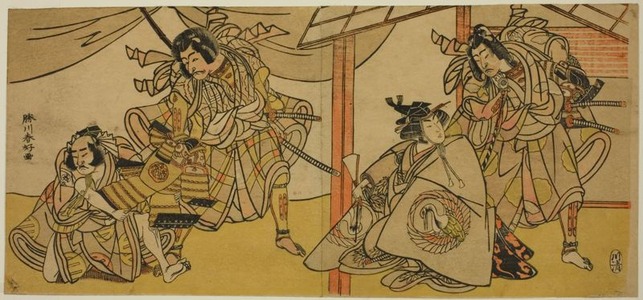 勝川春好: Right-hand Page: The Actors Bando Hikosaburo III as Soga no Goro (right), and Segawa Kikunojo IV as Onna Asahina (left), in the Play Ume-goyomi Akebono Soga; Left-hand Sheet: The Actors Onoe Matsusuke I as Furugori Shinzaemon (left), and Ichikawa Danjuro V and Kagekiyo (right) in the Play Hatsumombi Kuruwa Soga, Performed at the Nakamura Theater in the First Month, 1780 - シカゴ美術館