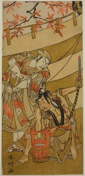 勝川春好: The Actors Ichikawa Raizo II as Kojiro Masahira (right) and Ichikawa Danzo IV as Doi no Yataro (left), in the Play Kaomise Ama no Iwato, Performed at the Nakamura Theater in the Eleventh Month, 1774 - シカゴ美術館