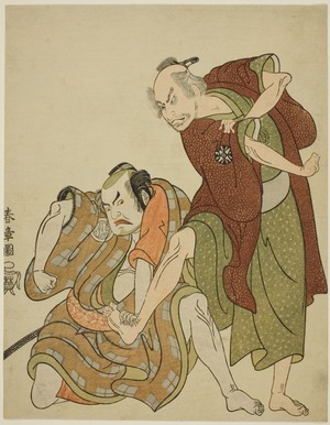 勝川春章: The Actors Nakamura Nakazo I as Mikawaya Giheiji (right), and Nakamura Sukegoro II as Danshichi Kurobei (left), in 