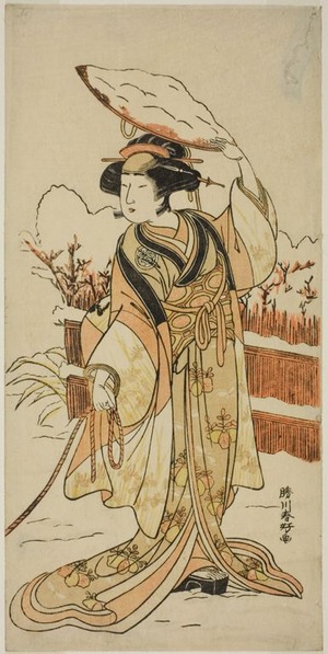 Katsukawa Shunko: The Actor Yoshizawa Ayame IV as Yadorigi, the Sister of Nikaido Shinanosuke, Disguised as Orie, the Wife of Aoto Magosaburo, in Part Two of the Play Motomishi Yuki Sakae Hachi no Ki (Looking up at Falling Snow: Thriving Potted Trees), Performed at the Nakamura Theater from the First Day of the Eleventh Month, 1778 - Art Institute of Chicago