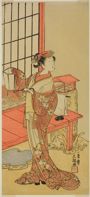 Ippitsusai Buncho: The Actor Segawa Kikunojo II, Possibly as Princess Ayaori in the Play Ima o Sakari Suehiro Genji (The Genji Clan Now at Its Zenith), Perfromed at the Nakamura Theater from the First Day of the Eleventh Month, 1768 - Art Institute of Chicago