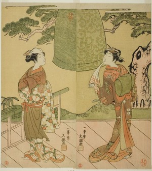 Ippitsusai Buncho: The Actors Ichimura Uzaemon IX as Shume no Hangan Morihisa (right), and Sanogawa Ichimatsu II as Chujo (left), in the Play Edo no Hana Wakayagi Soga, Performed at the Ichimura Theater in the Second Month, 1769 - Art Institute of Chicago
