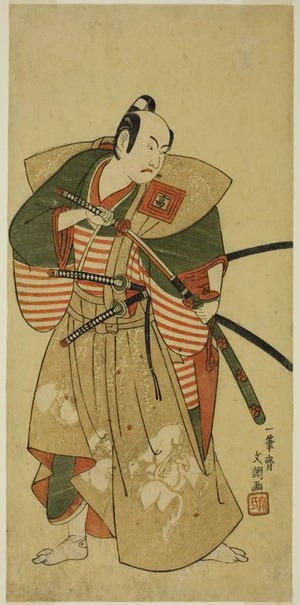 Ippitsusai Buncho: The Actor Ichikawa Komazo II as Kudo Saemon Suketsune (?) in the Play Haru wa Soga Akebono-zoshi (?), Performed at the Nakamura Theater (?) in the First Month, 1772 (?) - Art Institute of Chicago