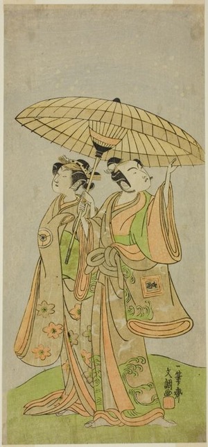 Ippitsusai Buncho: The Actors Ichikawa Komazo II as Chunagon Yukihira (right), and Iwai Hanshiro IV as Murasame (left), in the Play Kuni no Hana Ono no Itsumoji, Performed at the Nakamura Theater in the Eleventh Month, 1771 - Art Institute of Chicago