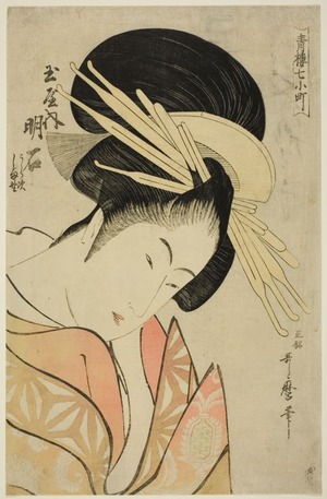 Kitagawa Utamaro: Akashi of the Tamaya, from the series Seven Komachis of Yoshiwara (Seiro nana Komachi) (Tamaya uchi Akashi, Uraji, Shimano) - Art Institute of Chicago