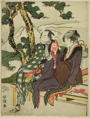 葛飾北斎: Evening Glow for Date no Yosaku and Seki no Koman (Date no Yosaku Seki no Koman Sekisho), from the series Eight views of Traveling Lovers from Joruri Plays (Michiyuki hakkei) - シカゴ美術館