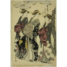 Hosoda Eishi: Komurasaki of the Kadotamaya with Attendants Hatsune and Shirabe - Art Institute of Chicago