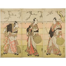 勝川春章: Three Komuso Monks: The Actors Ichikawa Ebizo (Danjuro V) as Kudo Suketsune (right), Ichikawa Monnosuke II as Soga no Juro Sukenari (center), and Ichikawa Omezo I as Soga no Goro Tokimune (left), in Act Six of the Play Waka Murasaki Edokko Soga (Pale Purple Soga, Edo Style), Performed at the Ichimura Theater from the Twenty-third Day of the First Month, 1792 - シカゴ美術館