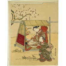 鈴木春信: A Beauty Resting in a Palanquin beneath Cherry Blossoms - シカゴ美術館