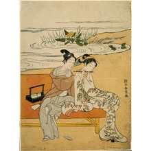 Japanischer Druck "Playing the Flute" von Suzuki Harunobu, 鈴木春信 (Suzuki Harunobu)