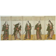 Katsukawa Shunsho: The Actors Ichikawa Monnosuke II as Karigane Bunshichi, Bando Mitsugoro I as An no Heibei, Ichikawa Danjuro V as Gokuin Sen'emon, Nakamura Sukegoro II as Kaminari Shokuro, and Sakata Hangoro II as Hotei Ichiemon (right to left), in 