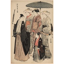 Torii Kiyonaga, 鳥居清長 (Torii Kiyonaga)による浮世絵「A Young Nobleman, His Mother, and Three Servents (Daimyo no okugata, wakatono, wakazamurai to jijyo futari) from the series Beauties of the East as Reflected in Fashions (Fusoku azuma no nishiki)」