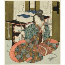 Yashima Gakutei: A Woman Pulling the Cord of a Wheeled Book Case, from the series 