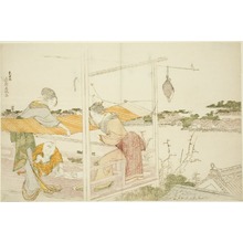 Japanischer Druck "Women on a Veranda Stretching Cloth to Dry" von Katsushika Hokusai, 葛飾北斎 (Katsushika Hokusai)