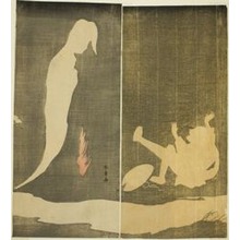 Katsukawa Shunsho: Man Falling Backward, Startled by a Woman's Ghost over a River - Art Institute of Chicago
