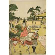 Estampe japonaise "Musashibo Benkei Brings the Captured Tosabo Shoshun to Yoshitsune in the Play Horikawa Youchi no Zu Uki-e Nimaitsuzuki" par Katsukawa Shunsho, 勝川春章 (Katsukawa Shunshô)