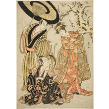 勝川春好: The Actors Iwai Hanshiro IV (right), Ichikawa Monnosuke II (center), and Sakata Hangoro III (left), Possibly as Manazuru the Wife of Tametomo, Hojo Saburo Munetoki, and Kawanaya Tashiro, in the Joruri 