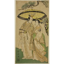 勝川春章: The Actors Arashi Hinaji I (right), and Ichikawa Komazo II (left), as Princess Sakura (Sakura Hime) (?) and Shimizu Tonoinosuke (?), in the Play Soga Moyo Aigo no Wakamatsu (?), Performed at the Nakamura Theater (?) in the Third Month, 1769 (?) - シカゴ美術館