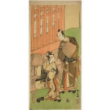 Katsukawa Shunsho, 勝川春章 (Katsukawa Shunshô)创作的日本版画《The Actors Ichikawa Komazo II as Soga no Juro Sukenari (right), and Ichikawa Danjuro V as Soga no Goro Tokimune (left), in Komuso Attires, in the Play Sakaicho Soga Nendaiki, Performed at the Nakamura Theater in the First Month, 1771》