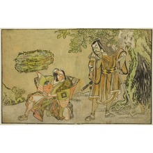 勝川春章: The Actors Matsumoto Koshiro II as Osada no Taro Kagemune Disguised as the Woodcutter Gankutsu no Gorozo (right), and Ichikawa Danzo III as I no Hayata Tadazumi (left), in the Play Nue no Mori Ichiyo no Mato, Performed at the Nakamura Theater in the Eleventh Month, 1770 - シカゴ美術館