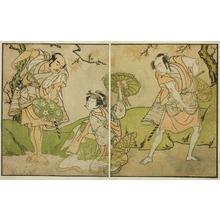 Katsukawa Shunsho: The Actors Ichikawa Somegoro (right), Segawa Kikunojo II (center), and Bando Sampachi (left), in Unidentified Roles in the Play Myoto-giku Izu no Kisewata, Performed at the Ichimura Theater in the Eleventh Month, 1770 - Art Institute of Chicago