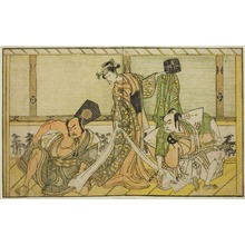 Katsukawa Shunsho: The Actors Otani Hiroji III as Kawazu no Saburo (right), Segawa Kikunojo II as Princess Tatsu (Tatsu Hime) (center), and Nakamura Sukegoro II as Matano no Goro (left), in the Play Myoto-giku Izu no Kisewata, Performed at the Ichimura Theater in the Eleventh Month, 1770 - Art Institute of Chicago