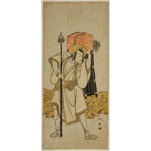 Japanischer Druck "The Actor Ichikawa Danjuro V as Moriya no Daijin Disguised as Rokuju-rokubu in the Play Miya-bashira Iwao no Butai, Performed at the Morita Theater in the Seventh Month, 1773" von Katsukawa Shunsho, 勝川春章 (Katsukawa Shunshô)