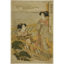 Estampe japonaise "Two Courtesans on a Moonlit Balcony at a House of Pleasure in Shinagawa, from the series "Nan'eki Shufu"" par Katsukawa Shunsho, 勝川春章 (Katsukawa Shunshô)