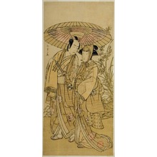 勝川春章: The Actors Segawa Kikunojo III (right) as Ochiyo, and Bando Mitsugoro I (left) as the Greengrocer Hambei, in the Play Kabuki no Hana Bandai Soga, Performed at the Ichimura Theater in the Fourth Month, 1781 - シカゴ美術館