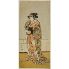 勝川春章: The Actor Yamashita Kinsaku II as Lady Kikusui (Kikusui Gozen) (?) in the Play Kaeribana Eiyu Taiheiki (?), Performed at the Nakamura Theater (?) in the Eleventh Month, 1779 (?) - シカゴ美術館
