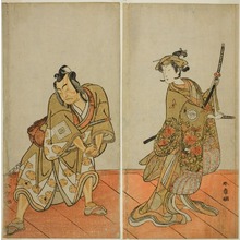 勝川春章: The Actors Segawa Kikunojo III as Aigo no Waka (right), and Ichikawa Yaozo II as Hachio-maru Aratora (left), in the Play Chigo Sakura Jusan Kane, Performed at the Ichimura Theater in the Eleventh Month, 1774 - シカゴ美術館