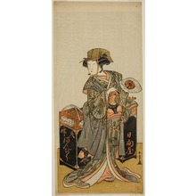 勝川春章: The Actor Nakamura Tomijuro I as the Female Beancake Peddler Hyugaya in the Play Chigo Torii Tobiiri Kitsune, Performed at the Ichimura Theater in the Eleventh Month, 1777 - シカゴ美術館