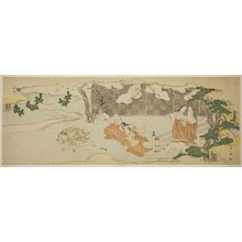 Katsukawa Shun'ei: Court Ladies on a Balcony Watching a Woman and a Girl Chasing a Man in the Yard under Blossoming Cherry Trees - Art Institute of Chicago