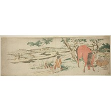 勝川春英: Rural Scene in Early Summer: Peasants Transplanting Rice and a Man Washing a Horse - シカゴ美術館